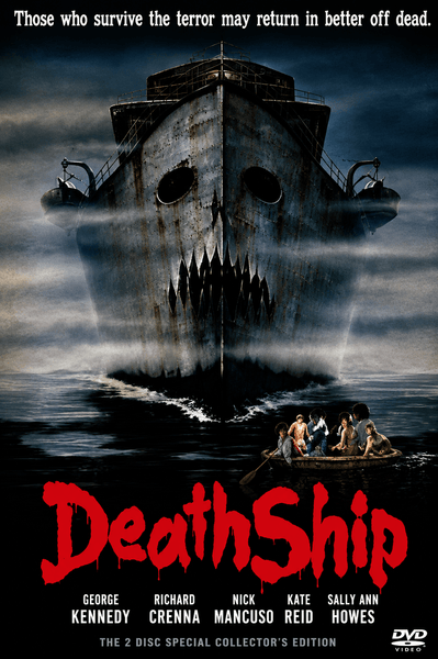A menacing ship with a gaping, mouth-like bow looms behind a small lifeboat of survivors on the cover of Death Ship DVD (1983), a cult horror film. The tagline reads, “Those who survive the terror may be better off dead.” The title Death Ship appears in striking red letters.