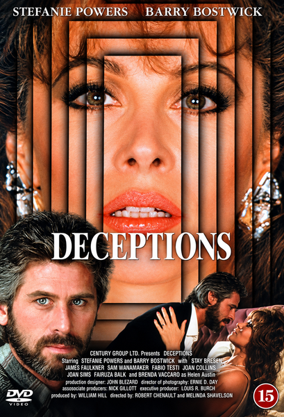Deceptions DVD (1985) 2 Disc Set features a cover with a woman’s face fragmented by wooden blinds, and a couple embracing in the foreground. The packaging displays actor names and movie details—making it an ideal choice for collectors of classic movies on DVD.