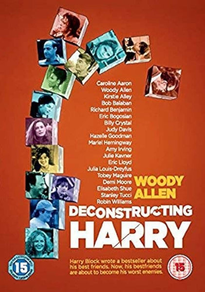Movie poster for Deconstructing Harry (1997) DVD shows cast headshots on a winding path. The title and names are on a red background, with an NTSC Region ALL label and film rating 15 at the bottom corners.