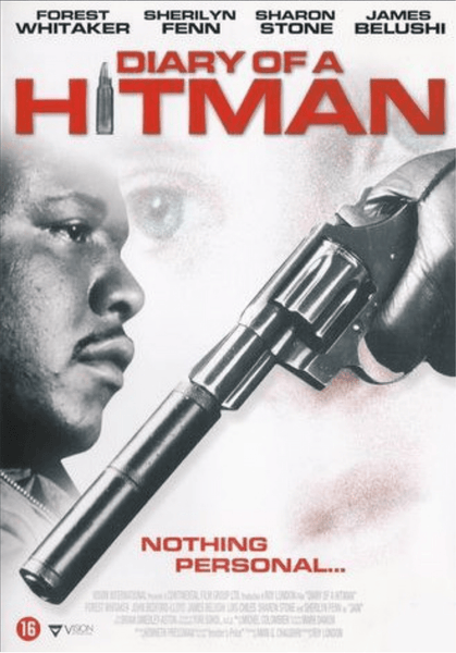 The Diary of a Hitman DVD (1991) features a movie poster with a close-up of a man's face beside a revolver fitted with a silencer. The title appears in bold red letters, with the actors’ names displayed above. The poster reads: "Nothing personal..." This intense and unforgettable Forest Whitaker film is a must-have for collectors of rare classic movies on DVD.