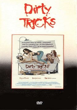 Dirty Tricks (1980) DVD cover shows cartoon characters in wild poses around a bed, with the title in bold red letters and a tagline describing this classic comedy as a hilarious story of madness.