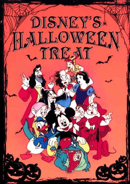 Disney’s Halloween Treat DVD (1982) features classic Disney characters such as Mickey Mouse, Snow White, and a host of infamous villains gathered on a vibrant red backdrop decorated with bats, spiderwebs, and jack-o-lanterns. Perfect for fans of vintage Disney cartoons and collectors looking for the rare Disney’s Halloween Treat DVD, the cover displays the title “Disney’s Halloween Treat.”.