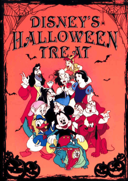 Mickey Mouse, Snow White, and Disney villains pose together beneath the title “Disney’s Halloween Treat” on an orange background filled with bats, spiderwebs, and a black border—a nostalgic tribute to classic cartoons that makes the Disney's Halloween Treat DVD (1982) a rare find for devoted Disney Halloween fans.
