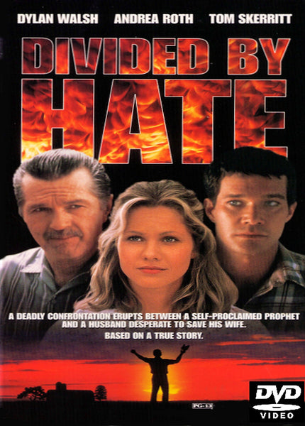 The movie poster for Divided By Hate DVD (1997) features three intense faces—two men and one woman—set against a dramatic fiery sunset, with bold red title text and a DVD logo in the bottom right corner, making the Divided By Hate DVD (1997) an excellent standout for collectors seeking rare movies on DVD.