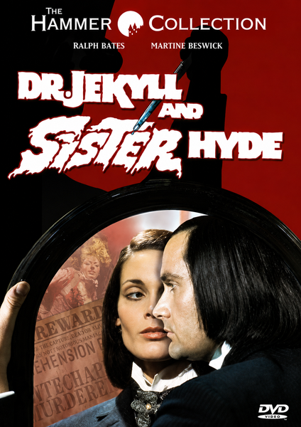 The DVD cover for Dr. Jekyll and Sister Hyde DVD (1971) features a man and a woman facing each other in a mirror, set against a red and black backdrop with shadowy figures that evoke gothic horror. The title “Dr. Jekyll and Sister Hyde” is prominently displayed, embodying the dark allure of classic Hammer horror, while actor credits are positioned at the top of the cover.