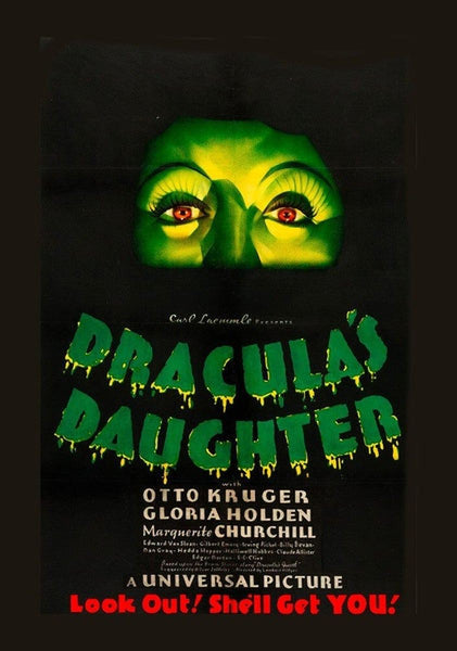 A mysterious green face with glowing eyes looms above the bold, dripping title “Dracula’s Daughter” on this rare 1939 horror movie DVD. The dark background highlights the cast names and tagline, “Look Out! She’ll Get YOU!”—making this classic DVD a must-have for collectors seeking vintage horror gems.