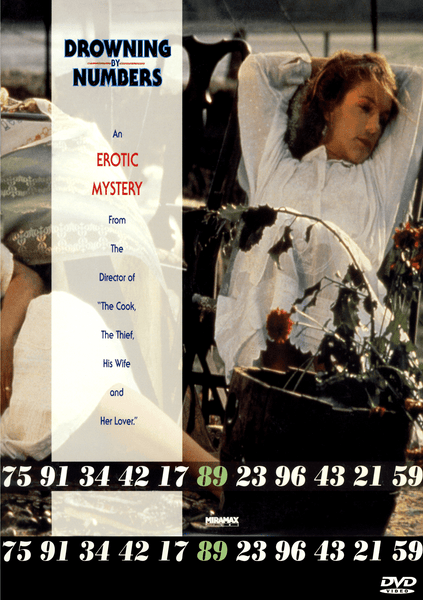 A woman in a white dress reclines outdoors surrounded by flowers, while the left side features film details for Drowning By Numbers DVD (1988) and displays sequences of numbers along the bottom—creating a striking homage to rare British cinema.