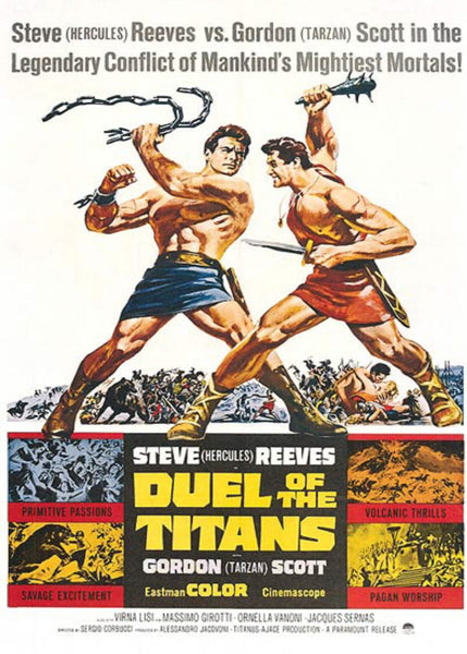 Set in ancient times, two powerful men clash with weapons before a crowd in this epic sword-and-sandal film. The DVD cover showcases "Romulus and Remus (1961)" starring Steve Reeves and Gordon Scott, with dramatic and action-packed scenes depicted in the background.