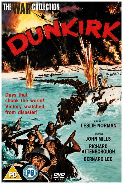 Movie poster for Dunkirk (1958) shows soldiers fleeing across a beach under fire, explosions in the sky, and ships in the distance. The bold red DUNKIRK title dominates, with cast names and dramatic war imagery capturing the intensity of this classic film. Perfect addition to any WWII movie collection or for fans seeking the Dunkirk DVD (1958).