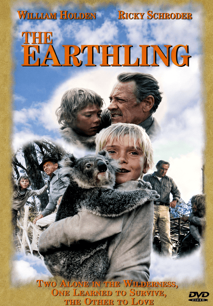 Movie poster for The Earthling DVD (1980), a rare classic film starring William Holden and Ricky Schroder—featuring iconic scenes of a man, boy, and koala in the wilderness. Tagline: “Two Alone in the Wilderness, One Learned to Survive, the Other to Love.” Ideal for collectors seeking The Earthling DVD (1980) or admirers of William Holden.