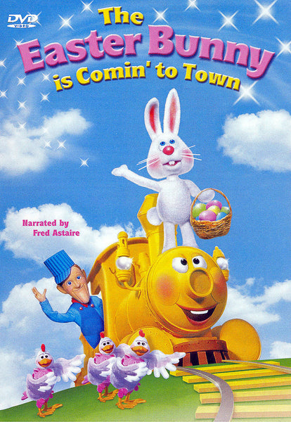 A cheerful animated Easter Bunny carrying eggs stands atop a bright yellow, smiling train with a conductor and three chickens beneath a blue, cloud-dotted sky. Designed in the charming Rankin/Bass stop-motion style, this delightful scene captures the nostalgic magic of classic films. Text reads: The Easter Bunny Is Coming To Town DVD (1977).