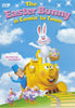 DVD cover for The Easter Bunny Is Coming To Town DVD (1977), a classic holiday movie featuring Rankin/Bass stop-motion animation, depicts a cheerful bunny with colorful eggs on a yellow train, accompanied by a conductor and three dancing chickens beneath a blue sky with clouds.