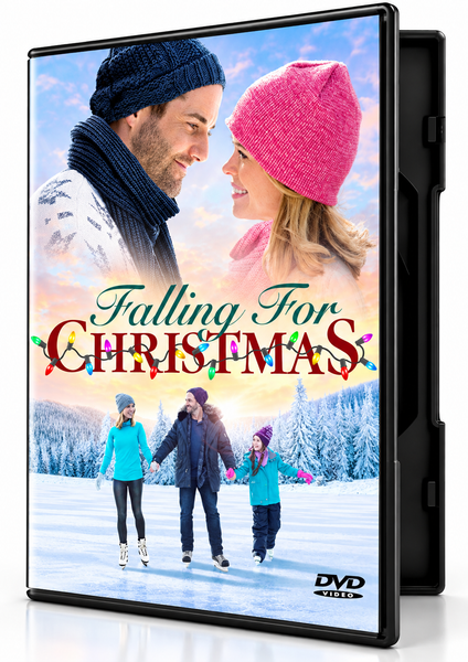 The Falling for Christmas DVD case features a smiling man and woman looking at each other, with a family of three ice skating on a snowy lake at the bottom.