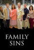Six people—three men and three women—stand together outside a house. The image displays "Family Sins (2004) DVD" in bold white letters at the bottom, ideal for rare movie collectors.