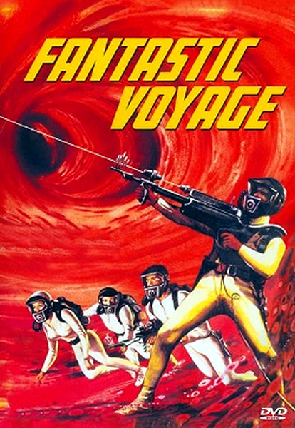 Four people in white suits and helmets explore a swirling red environment in this classic sci-fi film. One carries a large device as they navigate the vivid, abstract landscape. Bold yellow text reads “FANTASTIC VOYAGE” against a dramatic, whirlpool-like vortex backdrop—a striking visual from the Fantastic Voyage DVD (1966), perfect for any collector of rare movie DVDs.