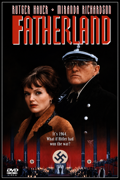 Fatherland DVD (1994) cover features a stern man in uniform alongside a woman in a brown coat, set against a dark, powerful backdrop marked by Nazi imagery. The text poses the question: “It’s 1964. What if Hitler had won the war?” This compelling Nazi thriller is an essential addition for collectors seeking rare movies on DVD.