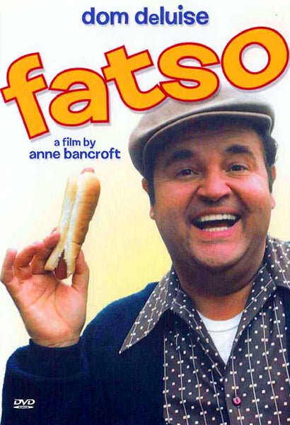 A smiling man in a cap holds a hot dog. The text reads “Dom DeLuise Fatso: A Film by Anne Bancroft.” Set against a plain white background with bold yellow and red letters for the title, this cover is ideal for those searching for rare finds like the Fatso DVD (1980) or looking to add classic movies to their DVD collection.