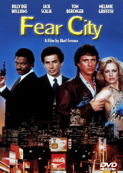 The DVD cover for Fear City (1984) features four main characters dressed in formal wear, set against a nighttime New York City skyline that hints at Manhattan’s world of strippers, with the movie title and cast names displayed above them. This rare edition is a standout among vintage classic movies and makes an excellent addition to any collector’s library.