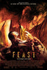 A gritty poster for Feast (2005) DVD shows a terrified woman beside a monstrous skull in yellow light. Text below reads, “FEAST DVD. They’re hungry. You’re dinner.” Perfect for horror-comedy fans!.