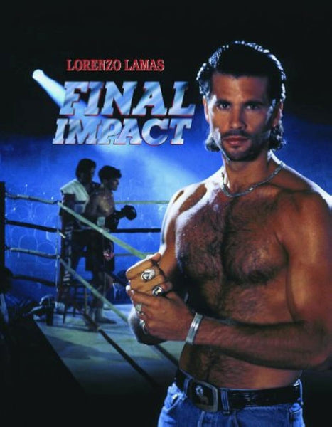 A shirtless, muscular man stands in front of a boxing ring with the title "Final Impact (1992) DVD" displayed above him. Inside the ring, two boxers and a referee appear under dramatic lighting, highlighting the intense energy of this classic action film. Perfect for fans of adrenaline-pumping fights, the Final Impact (1992) DVD delivers all the heart-pounding excitement you expect from a top-notch kickboxing movie.