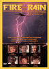 The DVD cover for Fire And Rain (1989) features a plane soaring through a stormy sky illuminated by purple lightning, with photos of Angie Dickinson, Charles Haid, Tom Bosley, and fellow cast members displayed along the bottom. Bold yellow text highlights that this gripping disaster movie is based on the real-life Delta Airlines Flight 191 wind shear crash.