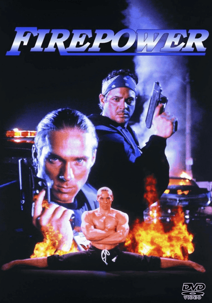 Movie poster for Firepower (1993) DVD: Two serious men with guns stand back-to-back, with police cars and smoke in the background. A shirtless man sits cross-legged amid flames at the bottom. Ideal for collectors of rare movies on DVD, this striking artwork features a DVD Video logo in the corner.