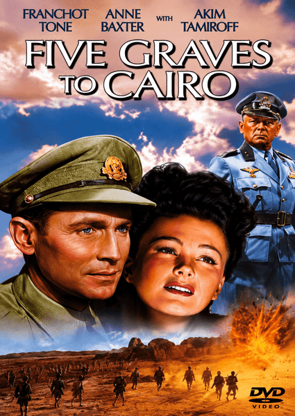 The Five Graves to Cairo DVD (1943) features a cover depicting three characters in military uniforms set against a dramatic sky, with desert soldiers and tanks below. The film title and actors’ names are prominently displayed at the top, making this DVD an essential addition for classic movie enthusiasts.