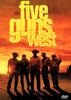 Five cowboys are silhouetted against an orange sunset with "Five Guns West" in large yellow text above. The DVD logo appears lower right—ideal for collectors of rare, hard-to-find movies and vintage classics. Product: Five Guns West (1955) DVD.