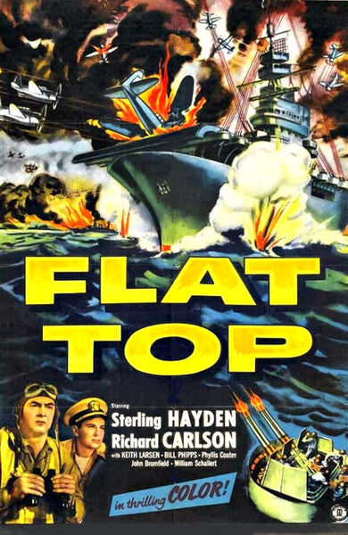 Movie poster for Flat Top (1952) DVD features a dramatic naval battle with warplanes, explosions, and an aircraft carrier. Two uniformed men appear below with bold yellow FLAT TOP text—a must-have for classic war movie fans.