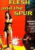 A woman in a torn dress is bound to a post, while a cowboy boot with a spur appears prominently in the foreground. Bold yellow text displays "Flesh and the Spur" on a striking red background, accompanied by smaller text highlighting “Naked Fury.” Add classic Western flair to your vintage movie collection with the Flesh and the Spur DVD—don’t miss out on owning this timeless film.
