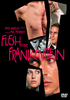 A collage of intense film stills featuring stitched skin, a bound man, and striking close-ups of faces is overlaid with bold pink text that reads: Flesh for Frankenstein. The names Andy Warhol and Paul Morrissey are prominently displayed, emphasizing this cult horror classic. In the corner is the Flesh for Frankenstein DVD (1973) logo.