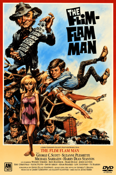 Showcasing a vibrant illustrated design, The Flim-Flam Man DVD (1967) features a grinning man clutching cash as he’s pursued by police, surrounded by dynamic action scenes. Cast and credits appear along the lower border. Ideal for fans of vintage classics and collectors looking for rare movies on DVD, this eye-catching release celebrates the iconic film in true style.