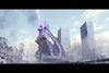 A towering monster unleashes a glowing purple beam skyward among city skyscrapers—an electrifying scene reminiscent of the epic moments found in Shin Godzilla (2016) DVD. Buildings and smoke enhance the dramatic, classic monster movie atmosphere.