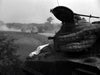 A black-and-white scene from "The Tanks Are Coming (1951) DVD" shows a tank with sandbags on its turret in the foreground and vehicles moving down a dusty, tree-lined road—ideal for World War II film enthusiasts.