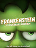 Close-up of a cartoon Frankenstein’s green face with a serious expression. Text reads: Frankenstein Ruins Halloween (2021) DVD, and below, He will have you in stitches! This animated horror-comedy is the perfect family Halloween movie.