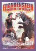 A vibrant, vintage-style movie poster features Frankenstein battling the dinosaur-like monster Baragon beneath the bold title "Frankenstein Conquers the World." This colorful tribute is a must-have for fans and collectors seeking the rare 1965 DVD release of Frankenstein Conquers the World.