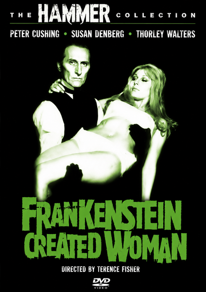 Black-and-white DVD cover for Frankenstein Created Woman DVD (1967), a standout among classic movies, featuring a man in a suit holding an unconscious woman, with green horror-style title text and cast names above—a striking tribute to Gothic Horror cinema.
