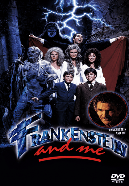A group of people in costumes, including a mummy and monster, pose under lightning. The Frankenstein and Me DVD (1997) cover features the film title and an inset photo of a man’s face—perfect for fans looking to add rare, hard-to-find movies and classic monster films to their collection.