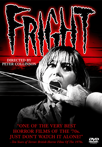 A terrified woman screams as a knife-wielding hand covers her mouth, while the title “FRIGHT” appears in blood-red letters above, framed by dramatic lighting and swirling clouds. This chilling image is from Fright DVD (1971), a suspenseful and rare classic movie that collectors prize for its intense atmosphere. At the bottom, the DVD video logo and review quotes emphasize why this is one of those must-have rare movies on DVD.