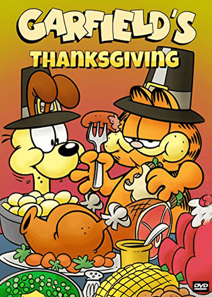 Garfield and Odie, both donning Pilgrim hats, sit at a feast-laden table—with turkey and corn—on the cover of the rare, hard-to-find Garfield’s Thanksgiving DVD (1989).
