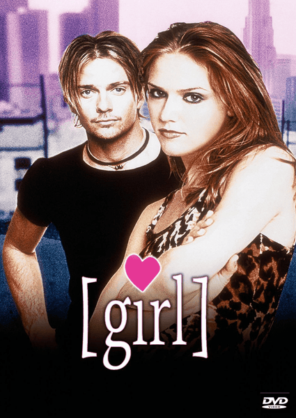A man and a woman stand before a cityscape under a pink sky, with the word "girl" in white script and a pink heart above it. Dominique Swain, who stars in the 1998 coming-of-age grunge film "Girl," wears an animal print outfit, while the man is dressed in black. The Girl DVD (1998) logo appears in the corner.