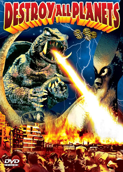 Gamera the Flying Turtle unleashes a laser from its mouth at the monstrous Viras, igniting city buildings as terrified crowds scramble to escape. At the top, bold text reads DESTROY ALL PLANETS, capturing the excitement of the 1968 Gamera vs Viras aka Destroy All Planets DVD.