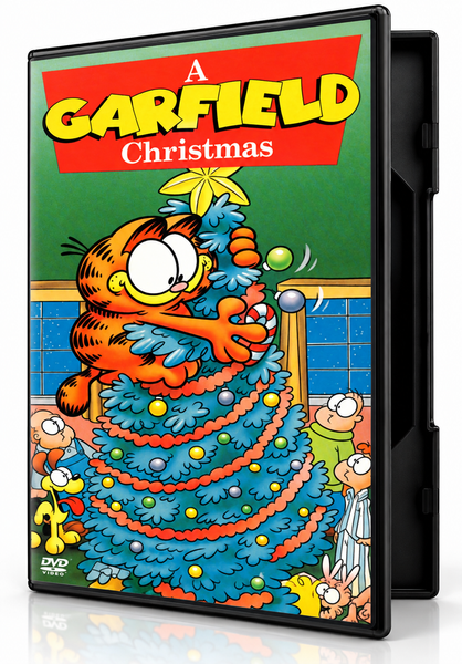 DVD case for A Garfield Christmas DVD (1987) featuring an illustration of an orange cat decorating a Christmas tree while other characters watch.