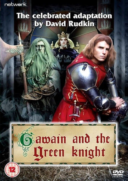 The DVD cover for Sir Gawain and the Green Knight (2021) features striking artwork: a knight clad in red armor, a green-skinned warrior wielding an axe, and a crowned figure looming behind them. The title and credits are set against intricate medieval patterns, evoking the mystique of this Arthurian legend—a must-have for collectors and fans of rare classic films on DVD.