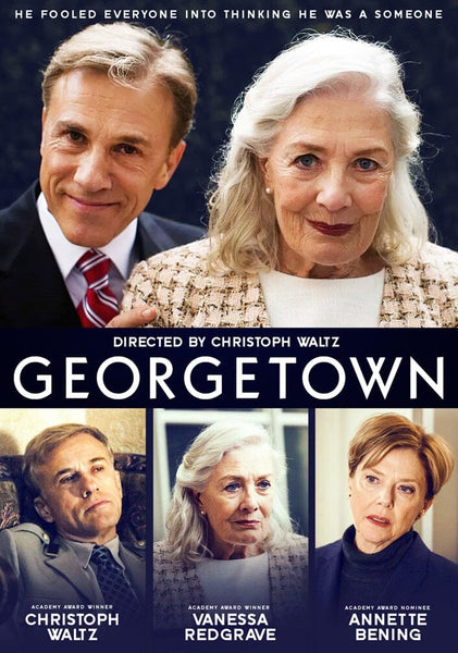 Georgetown (2019) DVD movie poster featuring Christoph Waltz and Vanessa Redgrave at the top, with smaller images of Waltz, Redgrave, and Annette Bening below, plus their names and awards. A must-have for Georgetown DVD collectors.