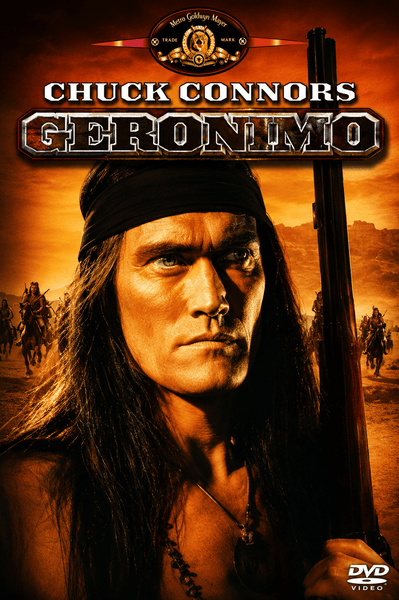 DVD cover for Geronimo DVD (1962), a compelling Western drama starring Chuck Connors, featuring a somber long-haired man wearing a headband and holding a rifle, set against an intense orange sky with horseback riders in the distance.
