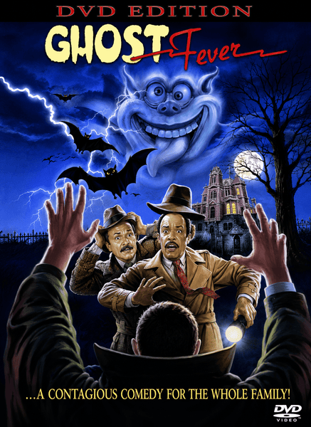 Ghost Fever DVD (1987) cover features terrified men in trench coats, a spooky haunted house, bats, and a creepy blue ghost, along with the tagline: “…A contagious comedy for the whole family!” This rare DVD is ideal for classic movie collectors and anyone who enjoys a fun haunted mansion film.