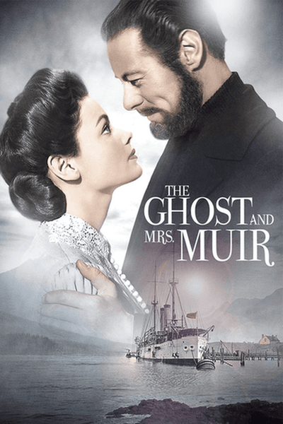 A man and woman gaze tenderly at each other above the title The Ghost and Mrs. Muir, with a misty ship and coastline below—a timeless scene from the 1947 classic starring Gene Tierney, making this The Ghost and Mrs. Muir (1947) DVD a must-have for rare film collectors and classic movie fans alike.