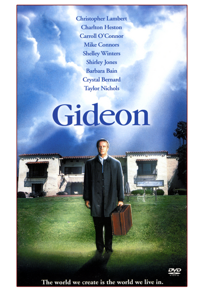 A man holding a suitcase stands on grass in front of a white building, with blue sky and clouds forming a spotlight effect above. The movie title “Gideon” and cast names appear over him, while the bottom text reads, “The world we create is the world we live in.” Gideon DVD (1998) starring Christopher Lambert is a must-have for collectors searching for rare movies on DVD.