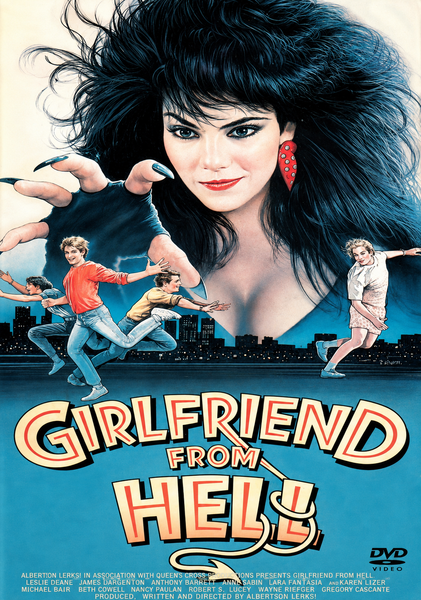 A wild-haired woman towers menacingly above a city skyline, reaching for four fleeing figures beneath her. The title, “Girlfriend From Hell,” is emblazoned in bold red-yellow letters, complete with devilish tail and trident details. This Girlfriend From Hell DVD (1989) is a cult classic from the late ’80s—a must-have for collectors and anyone searching for rare movies on DVD.